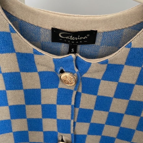 Cardigan, chessboard pattern, small, Caterina, blue, tan, beige, brand new - Picture 2 of 6
